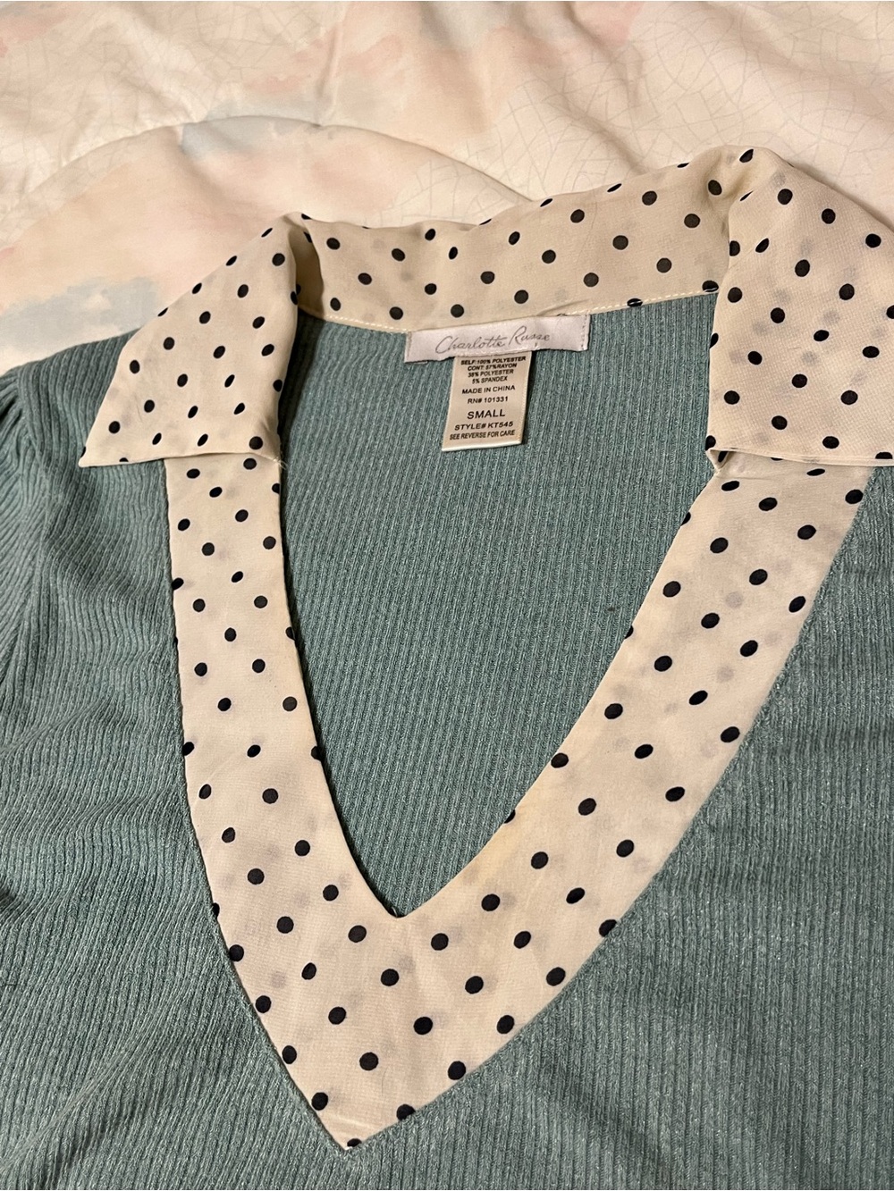 Charlotte Russe Sage Green Ribbed V-Neck Sweater with Cream Polka Dot Collar